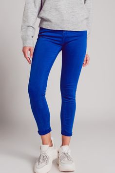 High waisted skinny jeans in electric blue Szua Store Fitted Blue Cropped Jeans With Five Pockets, Blue Cropped Cotton Jeans, Blue Stretch Tapered Leg Jeans, Mid-rise Blue Cropped Cotton Jeans, Trendy Stretch Cropped Jeans With Tapered Leg, Blue Mid-rise Cropped Cotton Jeans, Blue Stretch High Waist Jeans, Trendy Blue Cropped Jeans, Mid-rise Blue Jeggings With Five Pockets