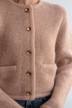 Pretty in Pink! This stunning cardigan is the perfect subtle pop of color for your wardrobe. We love the concave hammered gold button detail. Elegant Single Breasted Fall Cardigan, Elegant Wool Sweater With Buttons, Elegant Button-up Wool Cardigan, Elegant Beige Sweater With Buttons, Elegant Wool Cardigan With Buttons, Elegant Fall Cardigan With Button Cuffs, Chic Wool Cardigan With Button Closure, Elegant Fall Cardigan With Buttons, Luxury Outerwear With Gold Buttons For Fall