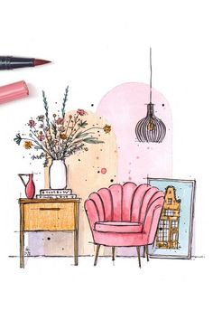 a drawing of a living room with pink furniture and flowers in vases on the table