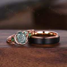 Here we have a Green Moss Agate Ring Set, His and Hers Wedding Band, Rose Gold Matching Ring Set, Vintage Moon Engagement Ring, Nature Leaf Style Couples Ring, Green Agate. ITEM DESCRIPTION ✦ Handmade, high-quality item! ✦ Material: Sterling Silver/Tungsten ►Sold as a two-piece set ►His ring is Rose Gold Tungsten Carbide. ►His band width: 6mm ►His tungsten ring will not turn green itself and will not cause your skin to turn green.  ✦ Durable - Incredibly Scratch-Resistant to always look great. ✦ Moon Engagement Ring, Moosachat Ring, Engagement Ring Nature, Matching Ring Set, His And Hers Rings, Nature Engagement Ring, Couples Ring, Rose Gold Tungsten, Ring Rosegold