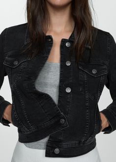 Pocketed denim jacket - Woman | MANGO USA Moda Denim, Jacket Denim, Denim Outerwear, Leather Denim, Black Denim Jacket, Denim Jacket Women, Women's Coats & Jackets, Denim Outfit, Tweed Jacket