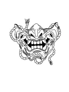 a black and white drawing of a demon mask with teeth on it's face