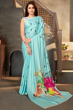 Blue Satin Saree, Sky Blue Saree, Latest Indian Saree, Salwar Dress, Turquoise Blue Color, Crepe Saree, Pale Turquoise, White Saree, Satin Saree