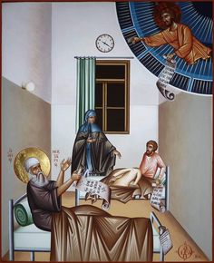 a painting of jesus and mary in a room with two men sitting at a table