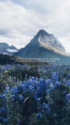 some blue flowers and mountains with a quote on the bottom that says, the distance between your dreams