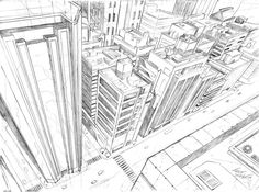 a pencil drawing of some buildings in the middle of a city with lots of windows