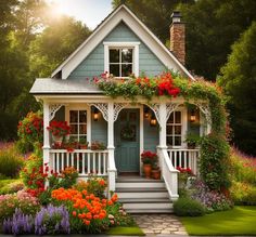 a blue house with flowers on the front porch