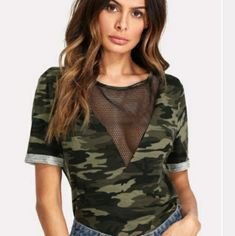 Shein Camo Print Mesh Insert Short Sleeve Tees Camo Shirt, Mesh Tops, Womens Camo, Mesh T Shirt, Camo Shirts, Tee Shirt Print, Shein Tops, Leather Mini Skirts, Print Tee