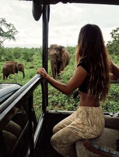 a woman sitting on the back of a truck looking out at an elephant in the distance