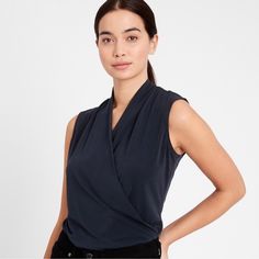 Modal, Polyester Surplice Neckline Ruched Detail There Is A Minor Fabric Run On Back Left Upper Shoulder/Back Area- Pictured Fitted Sleeveless Wrap Top Casual, Versatile Sleeveless Fitted Wrap Top, Versatile Fitted Sleeveless Wrap Top, Versatile Sleeveless Blouse For Layering, Sleeveless Blue Tops For Layering, Top Banana, Surplice Neckline, A Minor, Beautiful Drapes