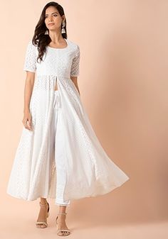 White Kurti Styling Ideas, Ethnic Photoshoot, White Kurtis, Georgette Dresses, Onam Dress, White Frock, Simple Frocks, Dresses Traditional