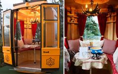 the inside and outside of a train car with red drapes on it's windows