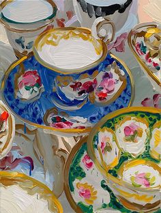 an oil painting of tea cups and saucers