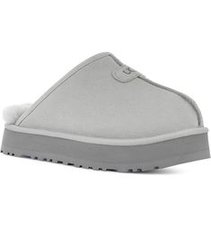 This comfy, water-resistant suede slipper is trimmed and lined with genuine shearling. 1 1/2" platform (size 9) Water-resistant Slight dye transfer may occur with darker colors during first few wears Genuine-shearling upper and lining/synthetic sole Shearling may be sourced from Australia, Ireland, Spain, the UK or the USA. See packaging for confirmed country of origin Imported Women's Shoes Ugg Slides Slippers, Cozy Jordan Slippers, Ugh Slippers Gray, Suede Slippers, Slide Slipper, Women's Shoes, Spain, Slippers, Water Resistant