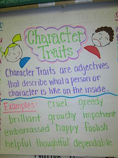 a poster with some writing on it that says character trails and characters are active, but describe what a person or character is like on the inside