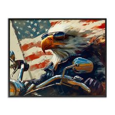 an eagle wearing sunglasses and riding a motorcycle with the american flag in the back ground