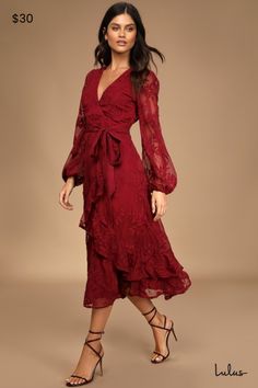 Nothing beats a day spent in the Lulus Spectacular Feeling Burgundy Embroidered Faux Wrap Midi Dress! This gorgeous chiffon midi dress has an embroidered floral pattern throughout its princess-seamed surplice bodice, long sheer sleeves, and high, banded waist with a tying sash. Flouncy, asymmetrical ruffles add to the faux-wrap effect across the midi skirt. Hidden back zipper/clasp. Fit: This garment fits true to size. Length: Mid-calf length. Size medium measures 51" from shoulder to hem. Bust: Great for any cup size. Waist: Fitted - very fitted at natural waist. Hip: Not Fitted - room for hips. Undergarments: May be worn with petals, or no bra. Fabric: Fabric has no stretch. Lined. Shell: 100% Polyester. Lining: 100% Polyester. Hand Wash Cold. Do Not Bleach. Line Dry. Iron Low Heat. Impo November Wedding Guest Outfits, Tulle Skirt Dress, Velvet Wrap Dress, Fall Wedding Guest Dress, Chiffon Midi Dress, Lace Overlay Dress, Trendy Fall Outfits, Wrap Midi Dress, Block Dress