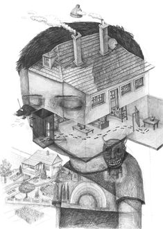 a drawing of a man with a house on his head and other buildings in the background