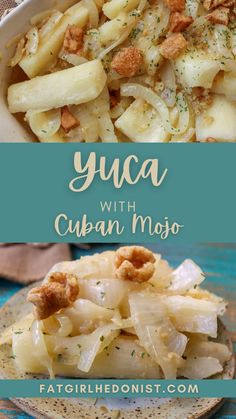 an image of some food that is in a bowl and the words yuca with cuban mo