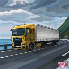 a yellow semi truck driving down the road by the ocean with clouds in the sky