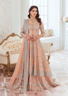 Embellished Designer Bridal Peach Color Lehenga Gown in Premium Quality fabric Lehnga Gown Enhanced with Hand-embellishments. Customizable. Fast Shipping Peach Color Lehenga, Lehenga Frock, Classy Theme, Sitara Work, Gown Lehenga, Net Gown, Peach Lehenga, Pakistani Brides, Peach Gown