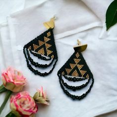 Southwestern Glam Seed Bead Drop Earrings - Etsy Artisan Black Beaded Drop Earrings, Black Artisan Drop Earrings, Artisan Black Drop Earrings, Gold Drop Earrings With Black Beads, Artisan Black Earrings For Festivals, Black Drop Earrings, Bead Drop Earrings, Southwestern Boho, Boho Glam