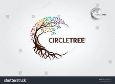 circle tree logo design with colorful leaves and roots on white background, suitable for use in business