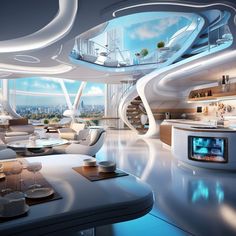 the interior of a futuristic living room and kitchen