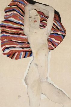 a painting of a naked woman with a striped towel on her head and arms behind her back