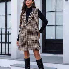 MODA ME COUTURE | Jackets & Coats | Houndstooth Print Double Breasted Belted Vest Overcoat Brown | Poshmark Summer Business Casual, Spell Love, Blouse Zara, Sweater Y2k, Business Casual Summer, Cami Dresses, Work Formal, Coachella Dress, Preppy Fall