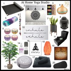 a collage of yoga related items with the words at home yoga studio