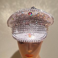 Akira Silver Sequins Rhinestones And Spikes Captain's Style Hat Size S/M Silver Sequin Material Fits Up To 22" Circumference New With Tags Fitted Rhinestone Hats For Festivals, Festival Hat With Rhinestones And High Crown, Festival Hats With Rhinestones And High Crown, Silver Festival Hat With Rhinestones, Silver Party Hat With Bling, Costume Hat With Rhinestones For Festivals, Embellished Party Cap, Luxury Adjustable Hat, Sequin Material