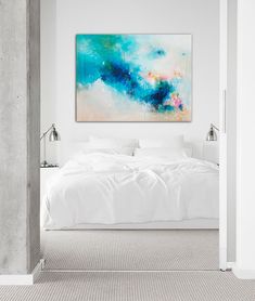 a large painting hanging above a bed in a room with white walls and carpeted flooring