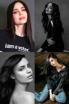 four different pictures of women with long hair and one woman in black shirt sitting on the floor