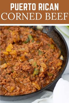 a skillet filled with mexican corned beef is shown in front of the recipe