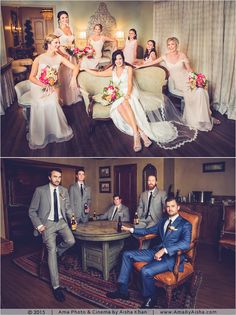 two pictures of the same bride and groom posing for their wedding photos in different ways