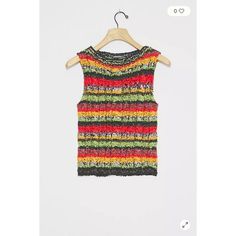 Multicolor Striped Anthropologie Textured Round Neck Sleeveless Sweater Top Multicolor Knit Sleeveless Tank Top, Multicolor Fitted Casual Vest, Fitted Multicolor Casual Vest, Casual Fitted Multicolor Vest, Casual Multicolor Cotton Sweater Vest, Fitted Multicolor Knit Vest, Multicolor Knit Sleeveless Vest, Trendy Multicolor Cotton Knit Top, Sleeveless Color Block Cotton Top