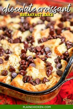 chocolate croissant breakfast casserole in a glass dish