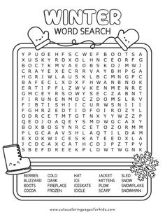 the winter word search is shown in black and white