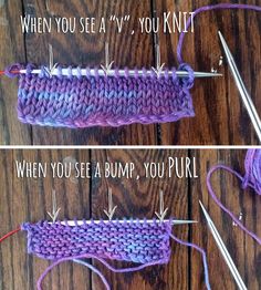 two pictures showing how to knit the wrong part of an object with yarn and knitting needles