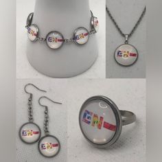 This Is A Brand New Custom Made Set. Featuring The Colorful Enhypen Logo. It Is Made With Stainless Steel And Resin. The Necklace Comes With A 1 Inch In Diameter Charm And A 18inch Chain, The Bracelet Fits A 7-8.5 Inch Wrist And The Ring Is Adjustable, And The Earrings Have About A 2 Inch Drop. Any Questions Please Ask Enhypen Colorful, Enhypen Jewelry, Enhypen Logo, Group Enhypen, Ar Accessories, Garment Bags, Key Card Holder, Steel Jewelry, Stainless Steel Jewelry