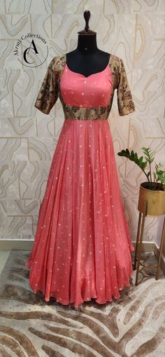 Material: Chinon Long frock. Size: 38″ chest with adjustable Until 40'',56″ length. Back open with zip. Frock Indian Style, Traditional Peach Dress With Resham Embroidery, Short Sleeve Embroidered Dress For Wedding, Short Sleeve Embroidered Dress For Festive Wedding, Formal Festive Gown With Short Sleeves, Fitted Short Sleeve Festive Gown, Festive Embroidered Short Sleeve Dress For Wedding, Festive Formal Gown With Short Sleeves, Festive A-line Maxi Dress For Wedding