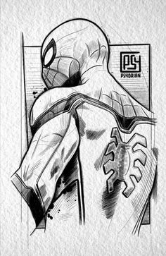 a black and white drawing of a spider - man with his hands on his chest