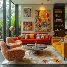 The Art of Mixing Styles in a Mid Century Modern Eclectic Living Room • 333+ Art Images Color Full Living Room Decor, Luxury Colorful Living Room, Mix Of Vintage And Modern, Scandinavian Colorful Interiors, Tacky Living Room, Funky Mid Century Modern Living Room, Bold Color Living Room Ideas, Living Room Retro Modern, Vogue Home Interior Design