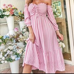 Beautiful Brand New Gingham Shirred Ruffle Hem Bardot Dress White/Pink Size L White Ruffle Hem Dress For Picnic, Long Sleeve Ruffled Dress For Picnic, Plaid Ruffled Dresses For Garden Party, Plaid Ruffle Dress For Day Out, Feminine Plaid Spring Dress, Fitted Gingham Midi Dress With Ruffles, Picnic Midi Dress With Ruffle Hem, Spring Gingham Midi Dress For Brunch, Gingham Midi Dress With Ruffle Hem