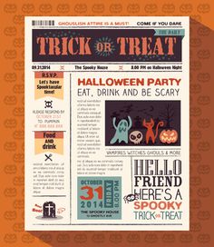 a halloween party flyer for trick or treat with pumpkins, ghost and other items