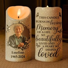 an old lady memorial candle holder with the words, this candle burns in loving memory so beautifully lived and a heart so deeply loved