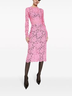 Dolce & Gabbana floral-lace long-sleeve Midi Dress - Farfetch Gabbana Dress, Lace Sheath Dress, Pink Midi Dress, Lace Midi, Lace Midi Dress, Long Sleeve Midi, Scalloped Hem, Long Sleeve Midi Dress, Lace Design