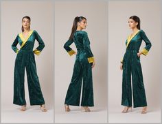 "❖ The jumpsuits listed in this Ready to Ship / On sale section are samples already made and with reduced prices. We kindly ask you to choose carefully as we won't be able to offer returns or exchanges for the items you bought from this section. Buying \"Ready to ship\", is a good solution, because you don't have to wait for the outfit to be sewn if you need it urgently. ----------------------------------- ❖ Material is quality, flexible and stretchy.  A style with serious \"wow\" factor- this w Jumpsuit Bridesmaid, Jumpsuit Evening, Bridesmaid Jumpsuit, Dark Green Velvet Dress, Bridesmaids Jumpsuits, Party Jumpsuit, Jumpsuit Wide Leg, Crushed Velvet Fabric, Blue Velvet Dress