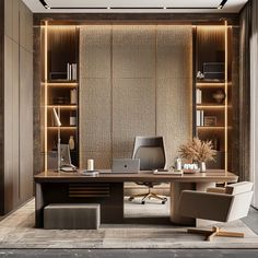 an office with a desk, chair and bookcase in the corner is lit by recessed lighting